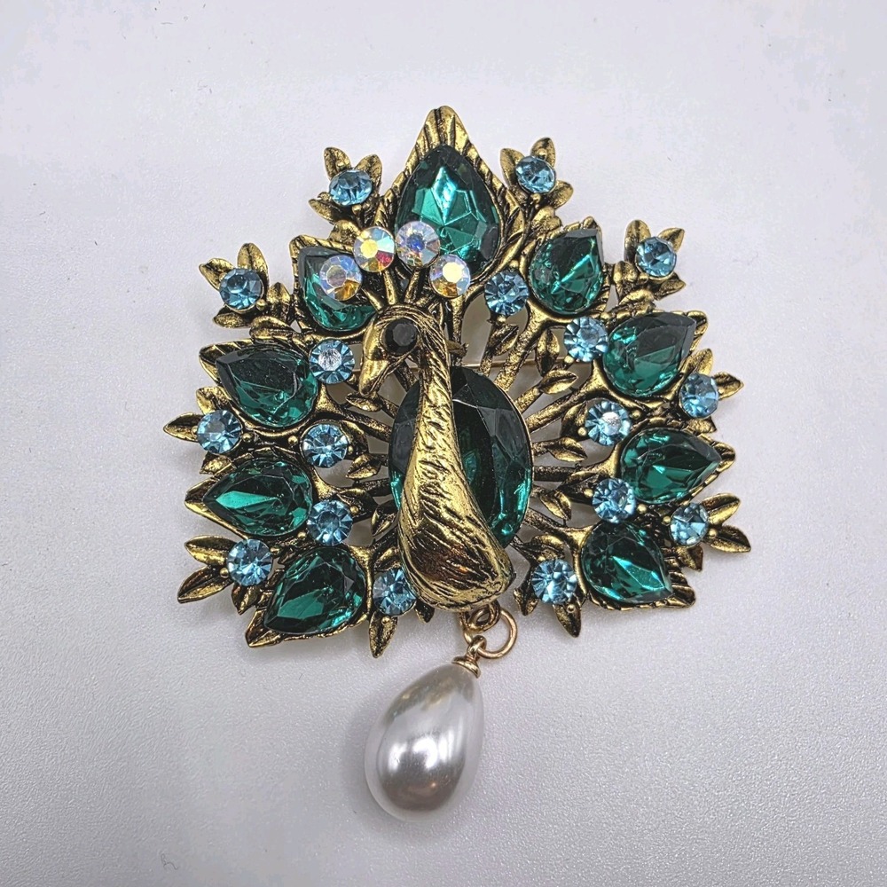 Peacock Brooch Blue Green Rhinestone Gold Tone Statement Pin